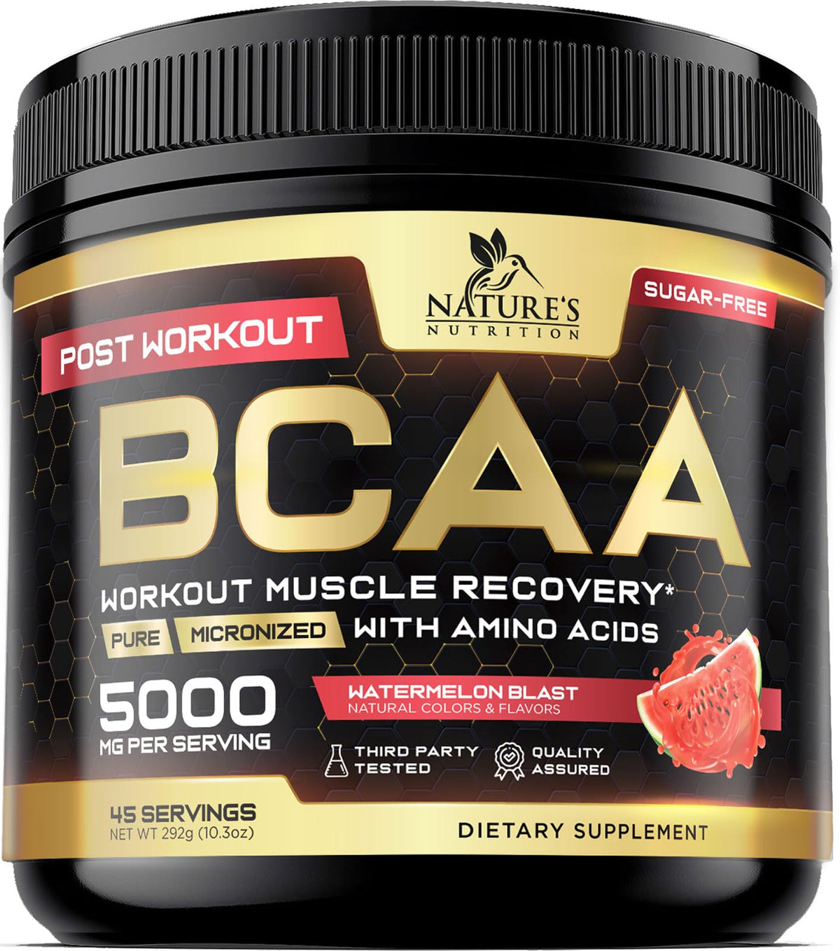 Front of muscle recovery powder tub showing BCAA, L-Glutamine and amino acids