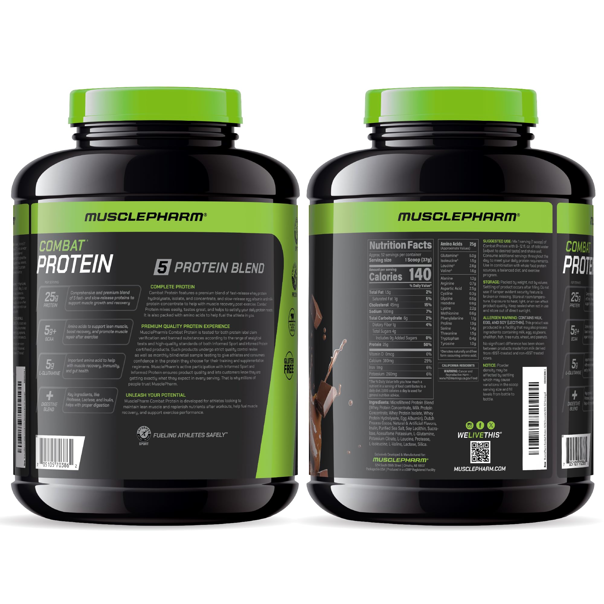 MusclePharm Combat Protein Powder nutrition panel highlights 52 servings in 4.2 lb tub