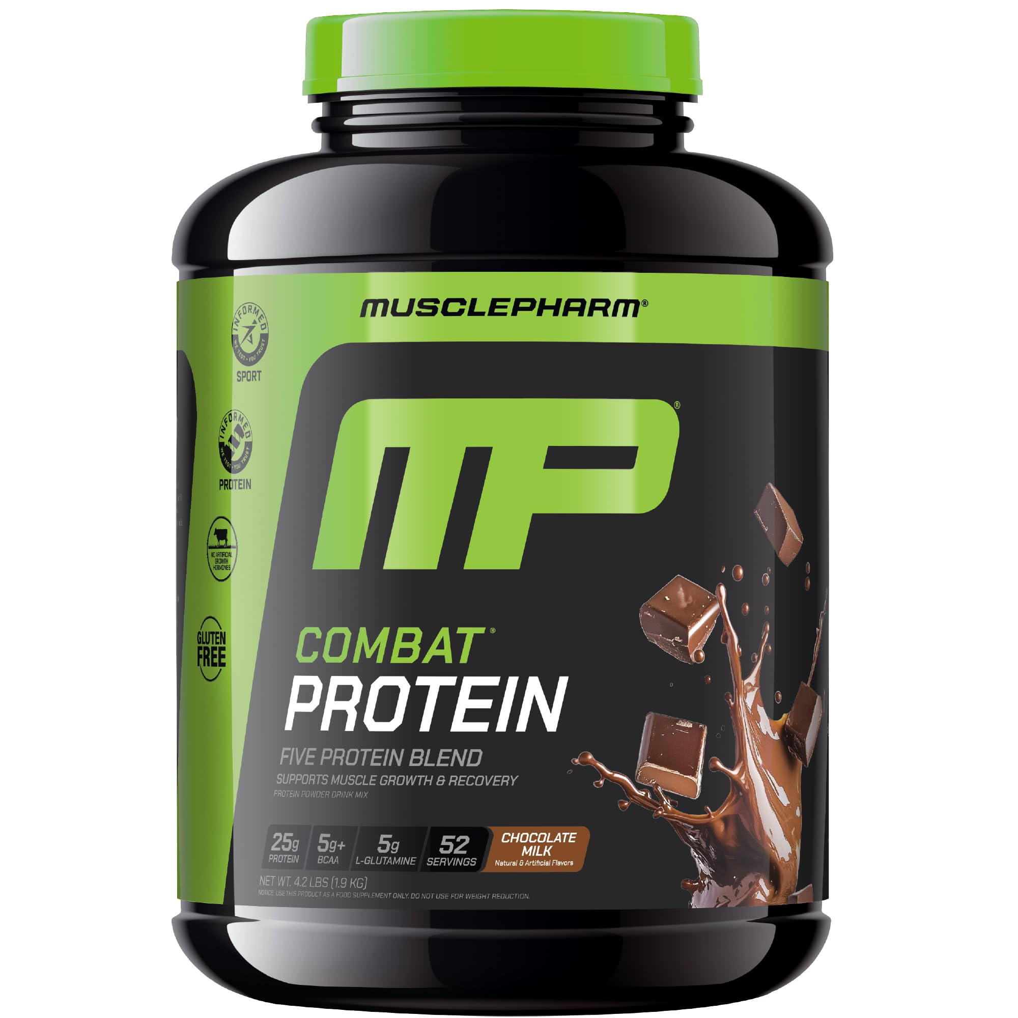 MusclePharm Combat Protein Powder canister in Chocolate Milk supports muscle fueling after intense training