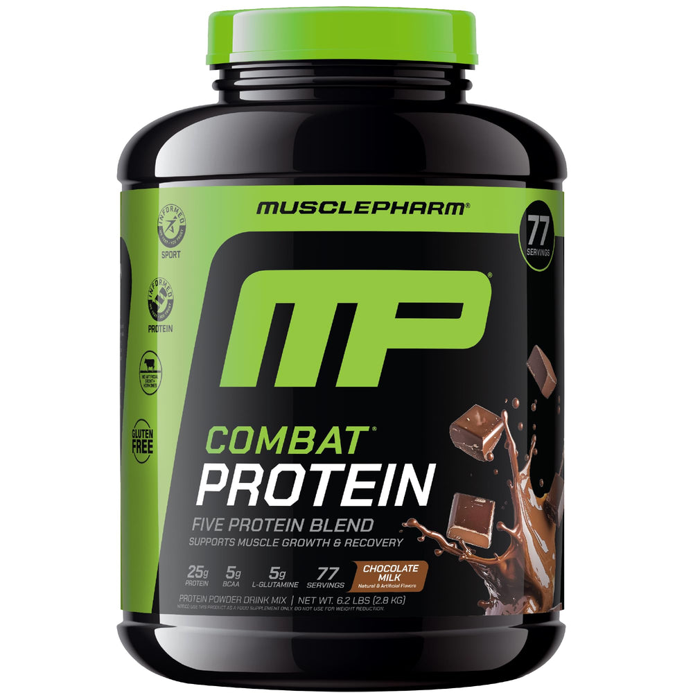 MusclePharm Combat Protein Powder chocolate bottle highlights 25g protein per serving for workouts