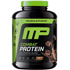 MusclePharm Combat Protein Powder chocolate bottle highlights 25g protein per serving for workouts
