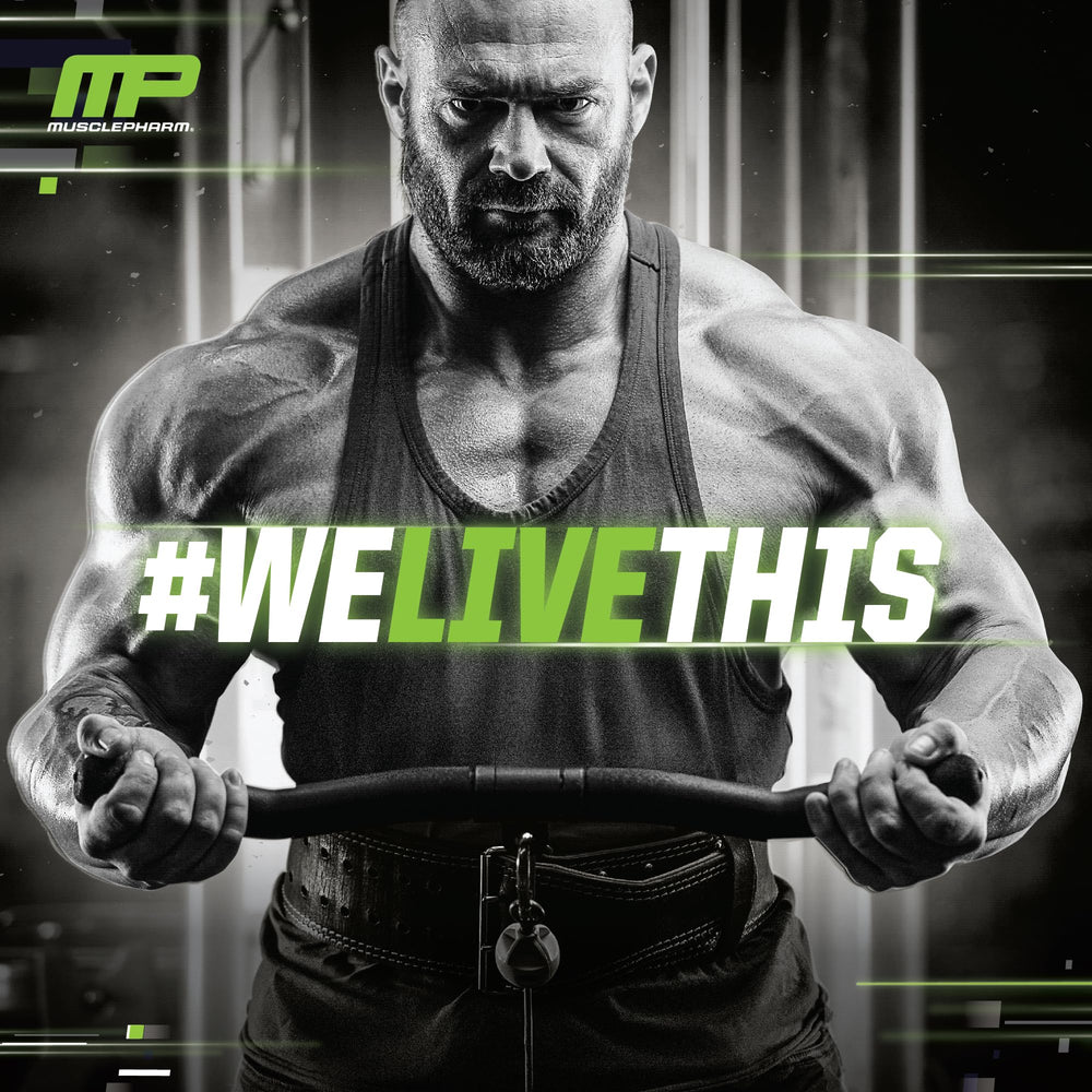 MusclePharm Combat powder on countertop signals easy post-workout fueling