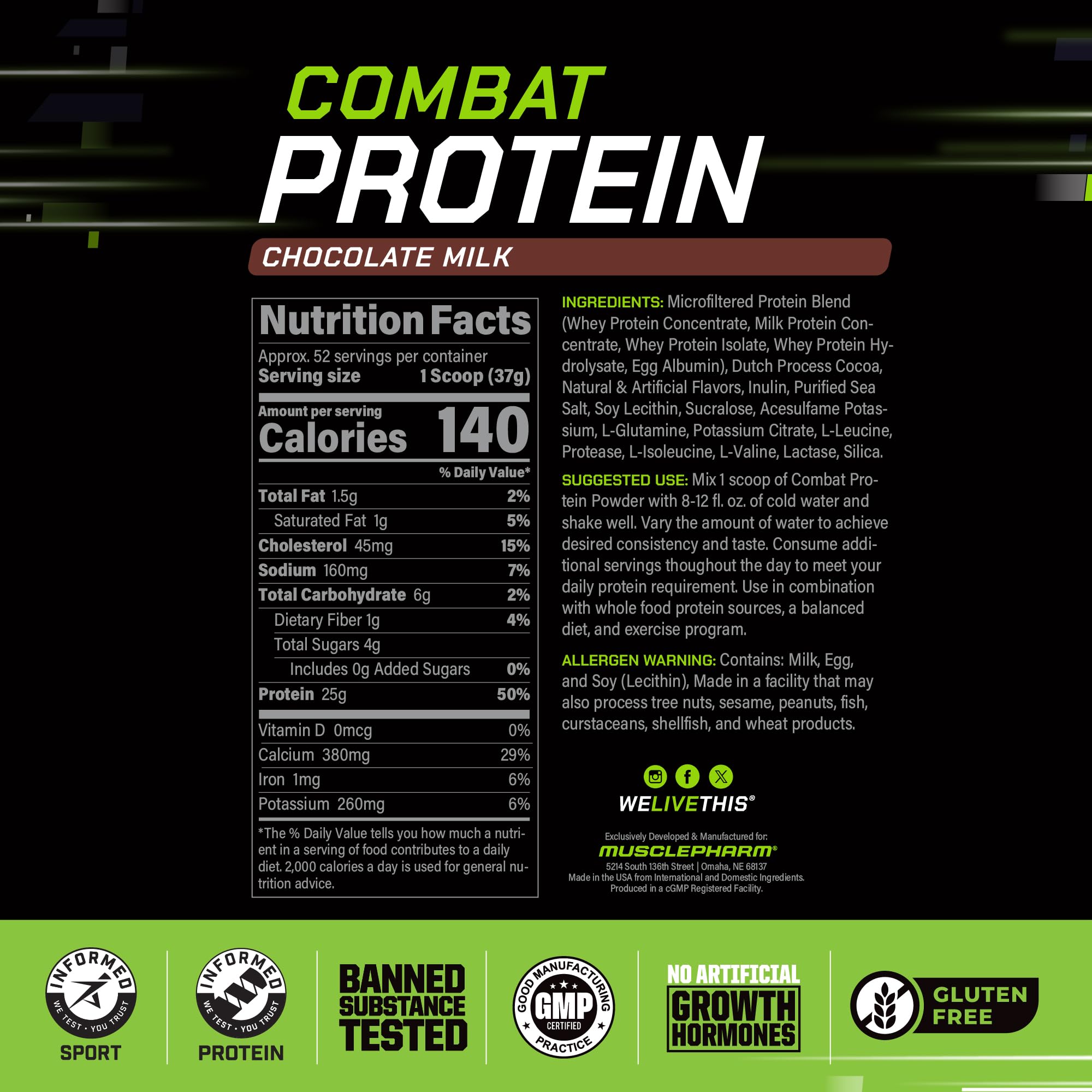MusclePharm Combat Protein Powder scoop serving shows 25 g protein per serving for recovery