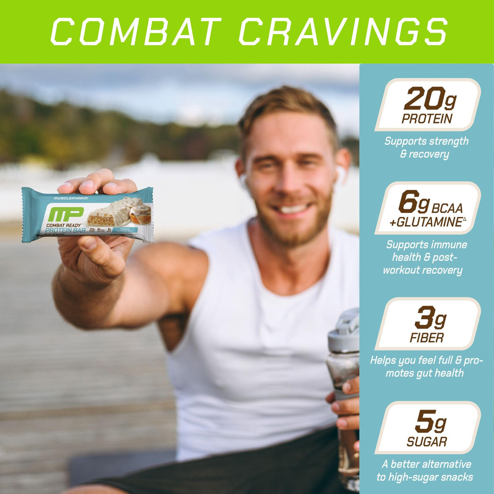 MusclePharm Combat Ready Cinnamon Roll bar bite-size serving for on-the-go fueling