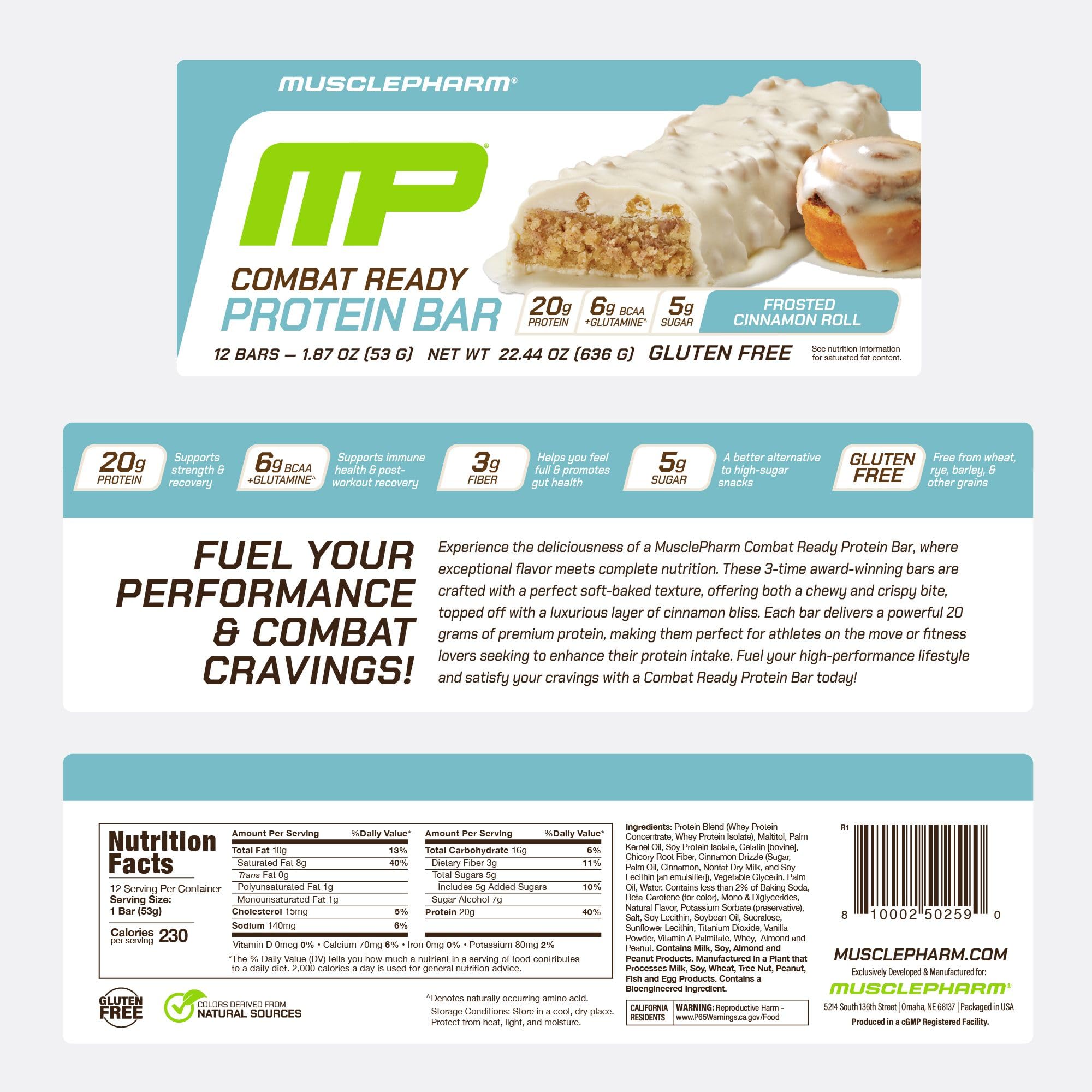 MusclePharm Combat Ready Cinnamon Roll gluten-free label on packaging