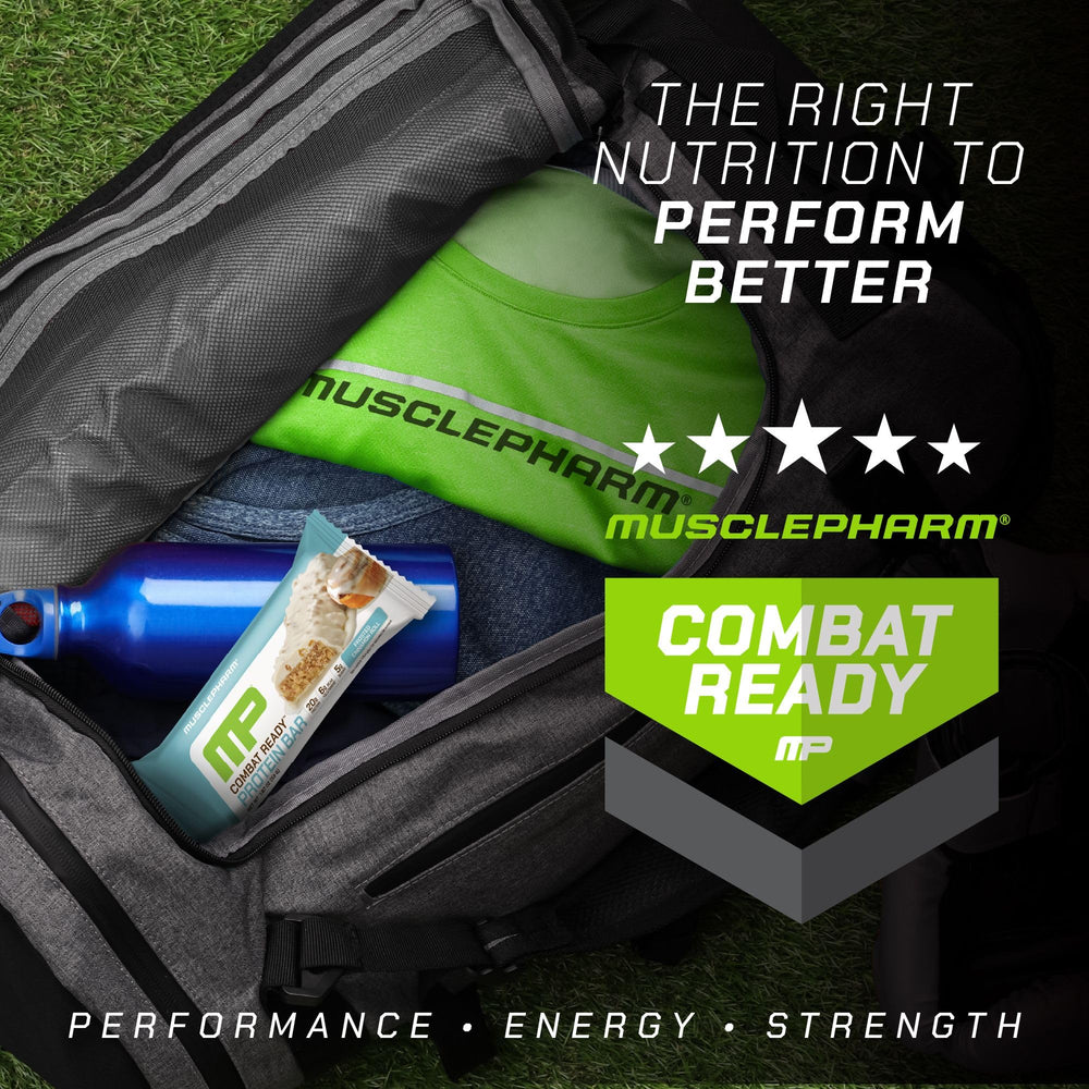 MusclePharm Combat Ready Cinnamon Roll bar on gym bag ready-to-eat