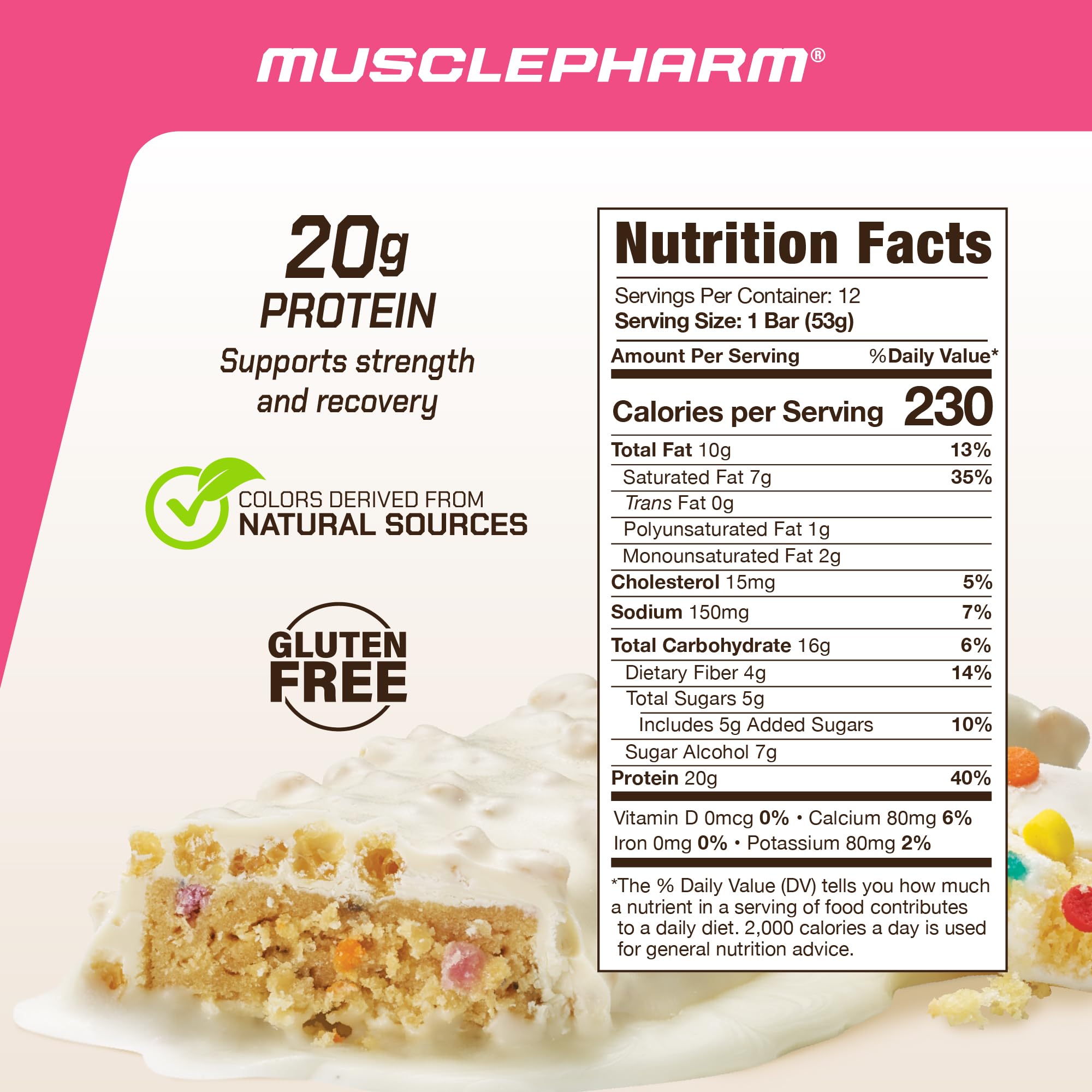 MusclePharm Combat Ready Bar Confetti Cake bar unwrapped with chewy-crisp texture.