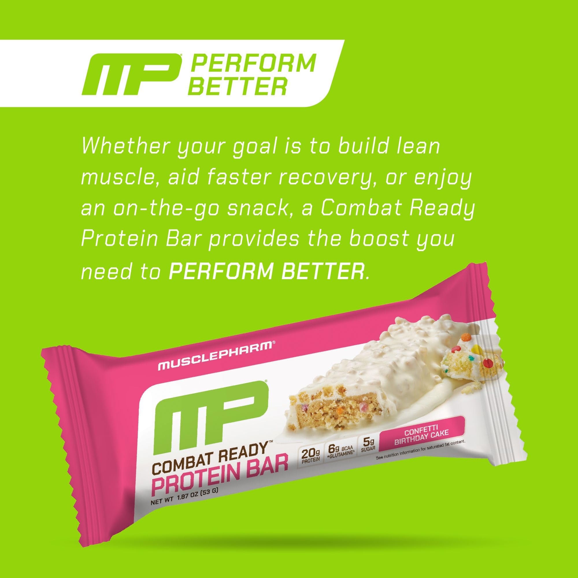 MusclePharm Combat Ready Bar Confetti Cake nutrition panel highlights 20g protein per bar.