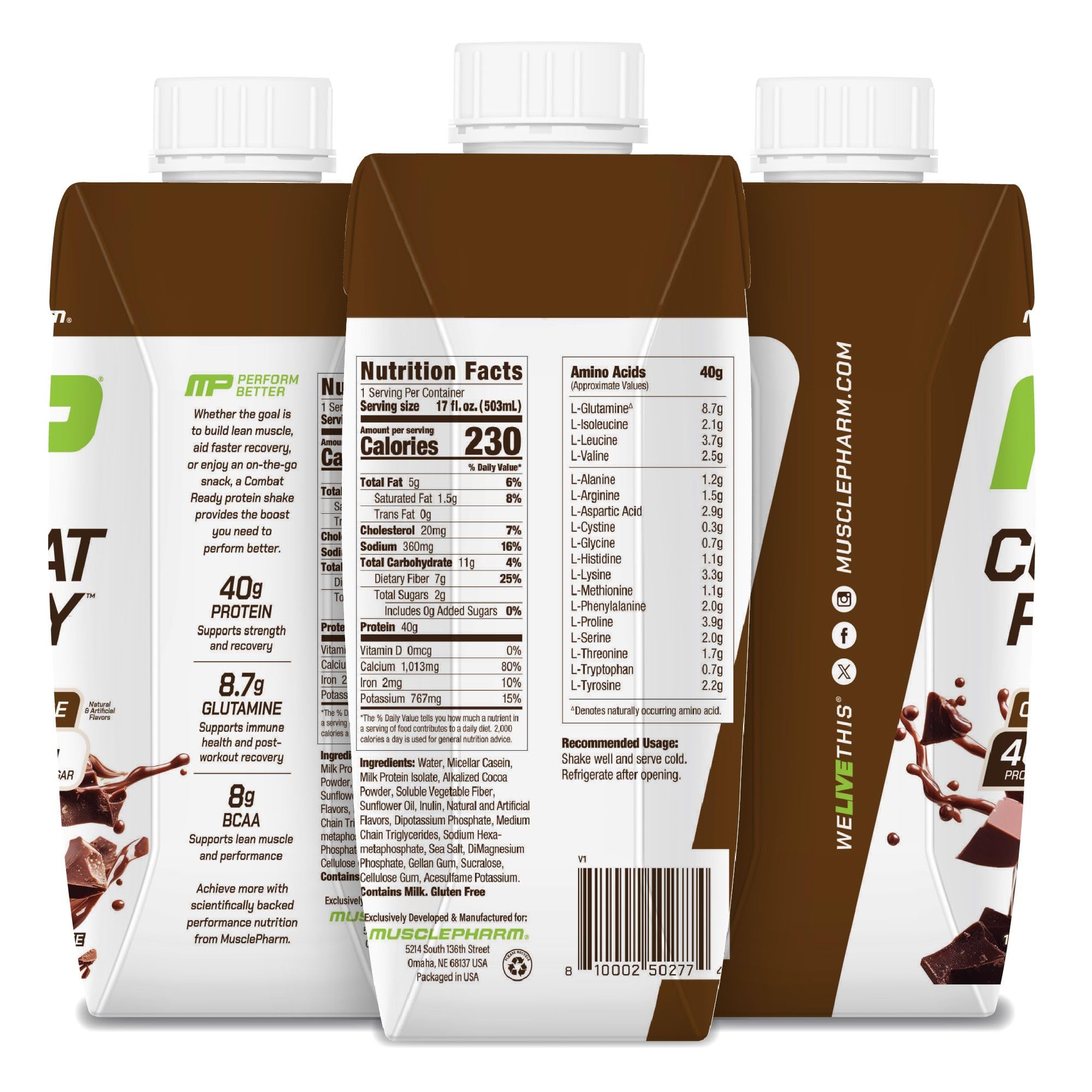MusclePharm Combat Ready Chocolate Fudge bottle beside shaker cup emphasizes versatility
