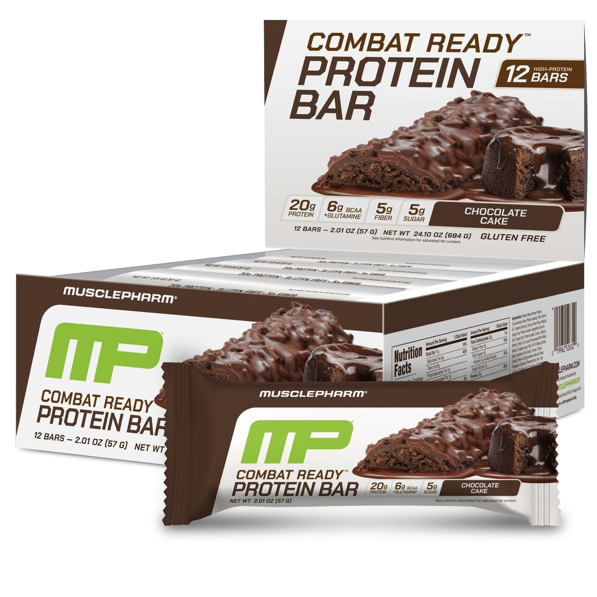 MusclePharm Combat Sport Bar Chocolate Cake packaging highlights high protein and gluten-free benefits