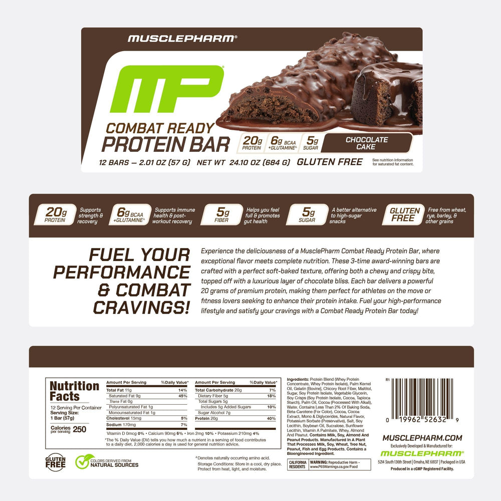 MusclePharm Combat Sport Bar Chocolate Cake slice emphasis on flavor