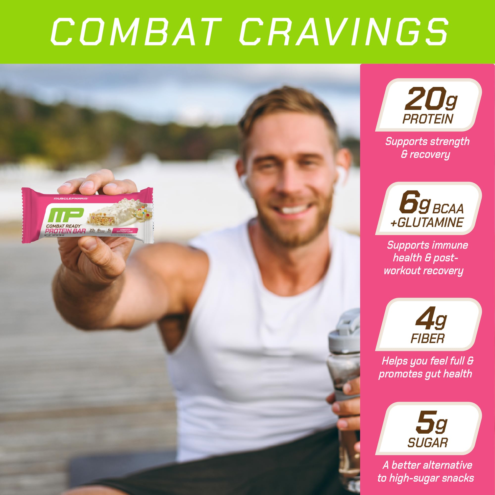 MusclePharm Combat Ready packaging highlights protein content and gluten-free claim.