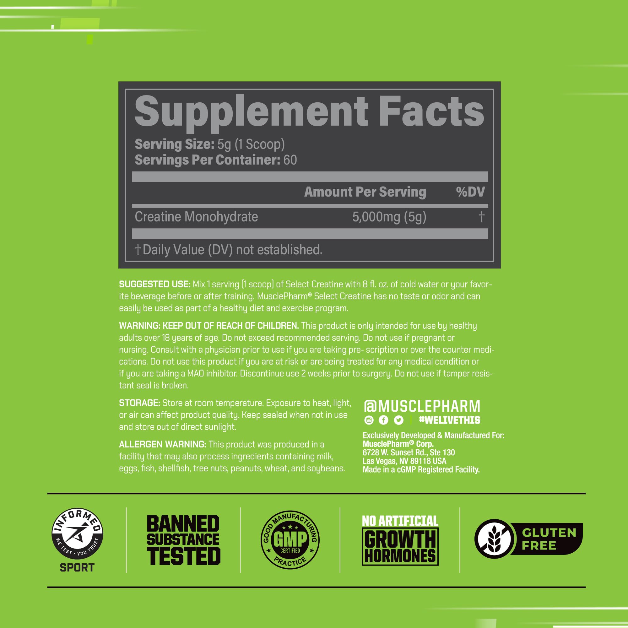 Close-up of product label on Creatine Monohydrate powder
