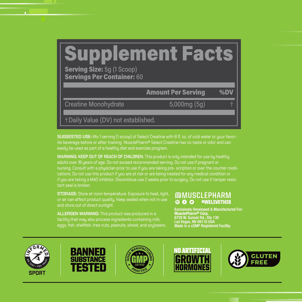 Close-up of product label on Creatine Monohydrate powder
