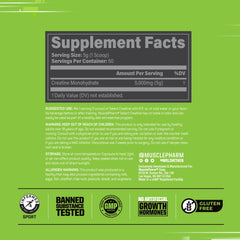 Close-up of product label on Creatine Monohydrate powder