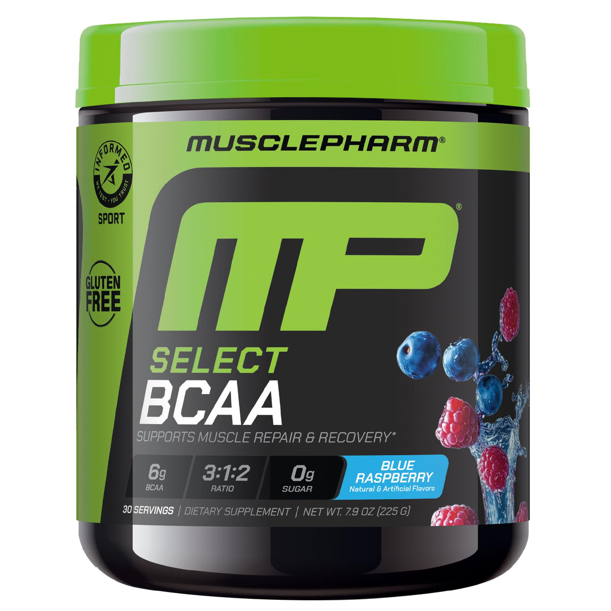 MusclePharm Essentials BCAA Powder Blue Raspberry container label