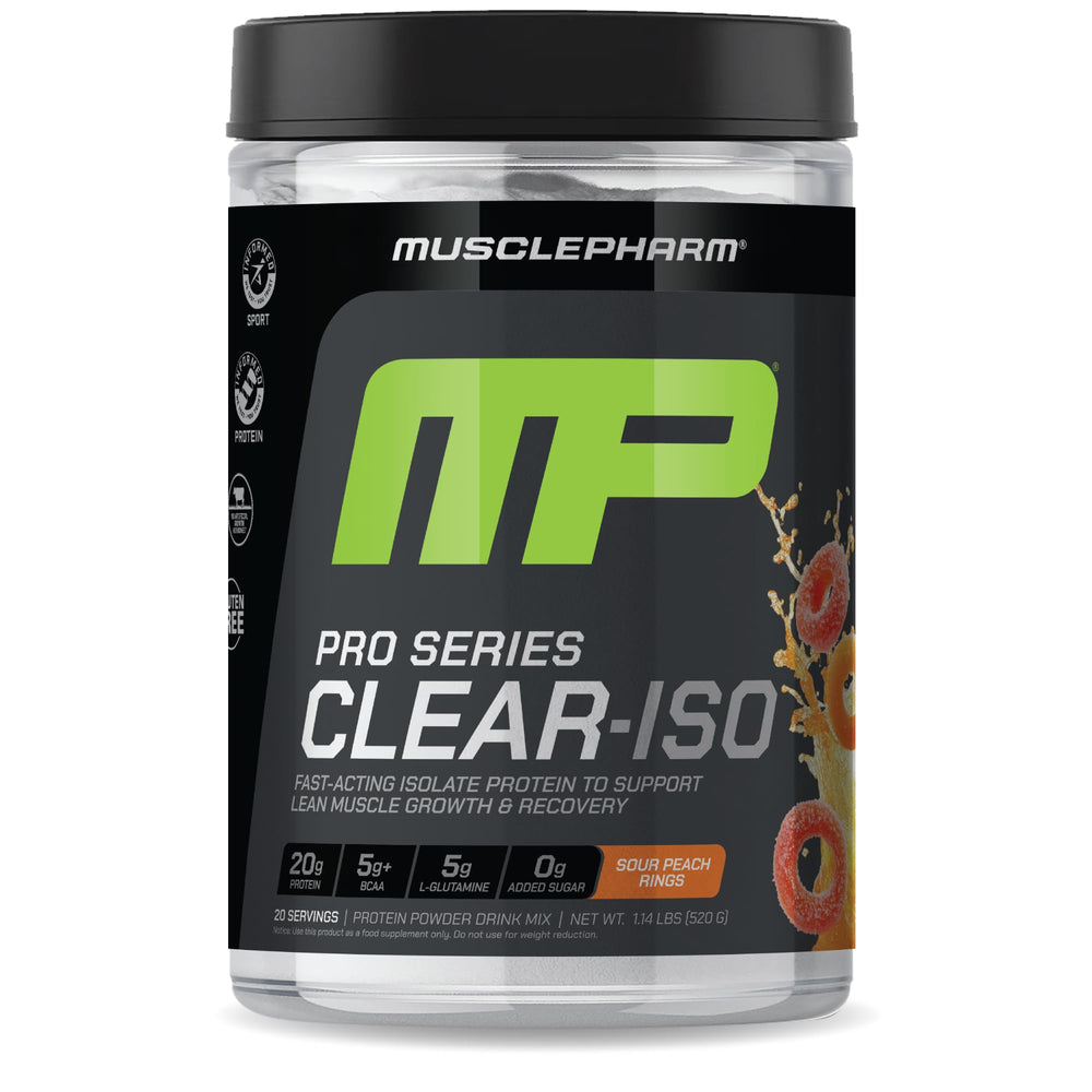 MusclePharm Pro Series Clear-ISO bottle pour shows fast-acting whey protein support for workouts