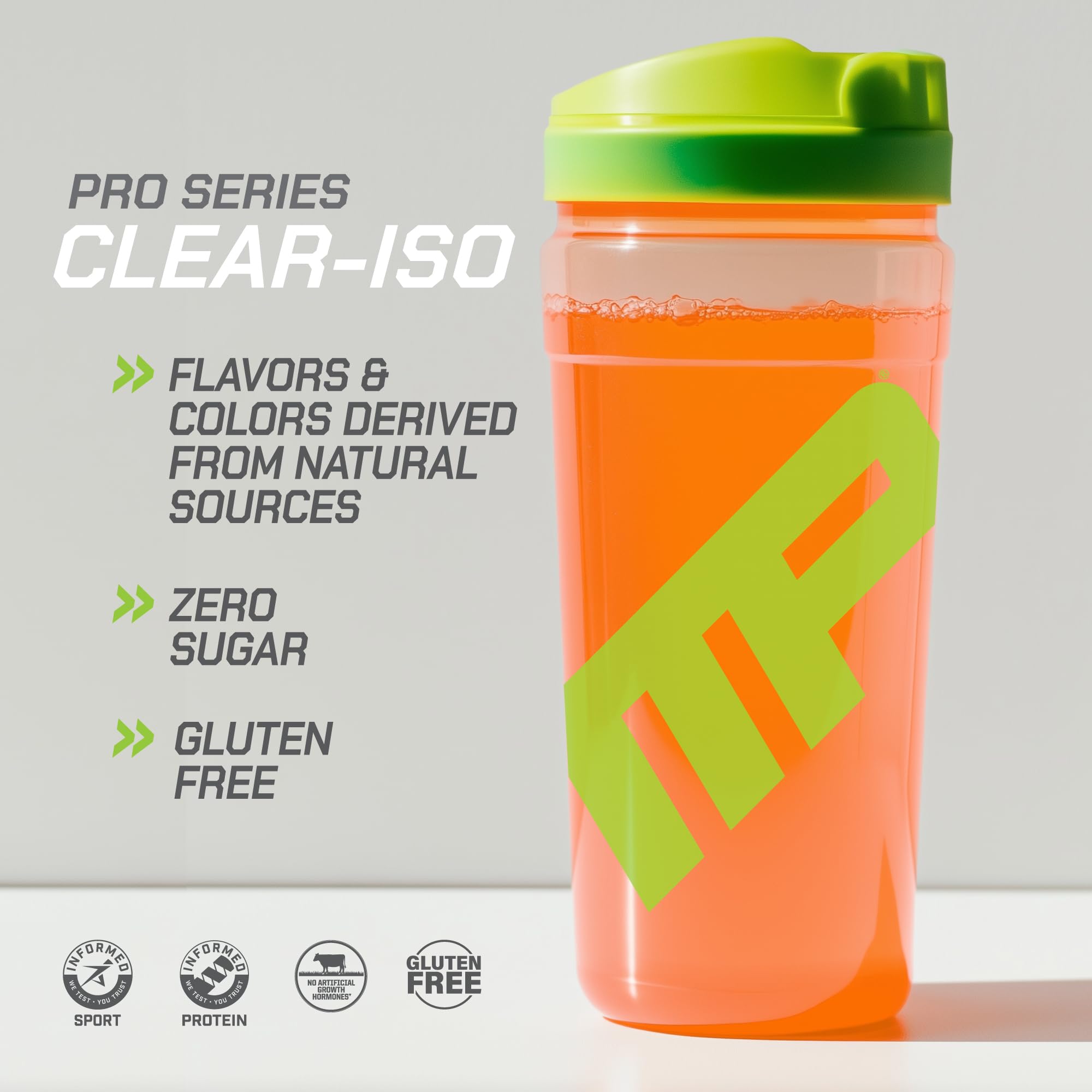 MusclePharm Pro Series Clear-ISO ingredients list image communicates gluten-free, no added sugars