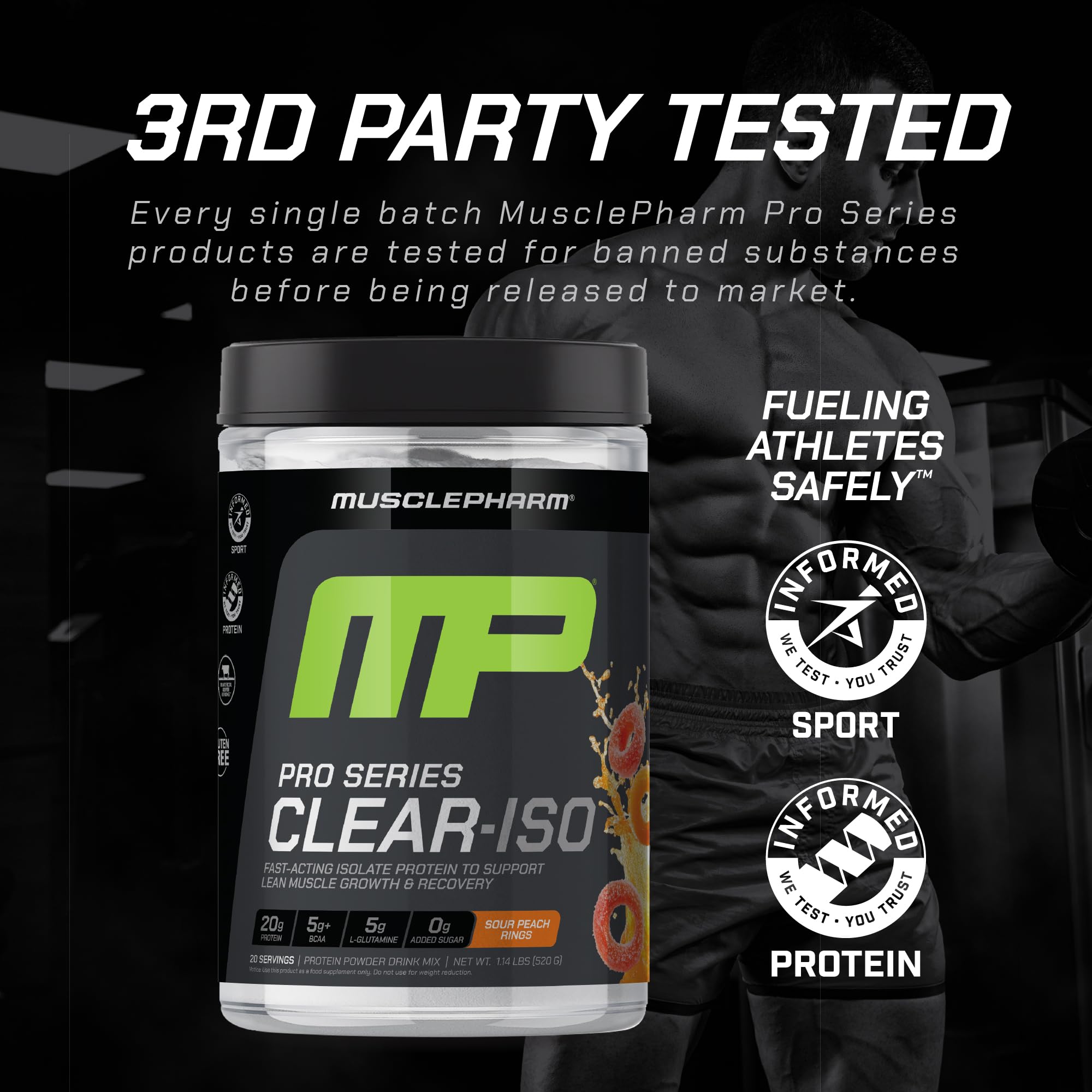 MusclePharm Pro Series Clear-ISO sour peach rings flavor closeup suggests tasty post-workout drink