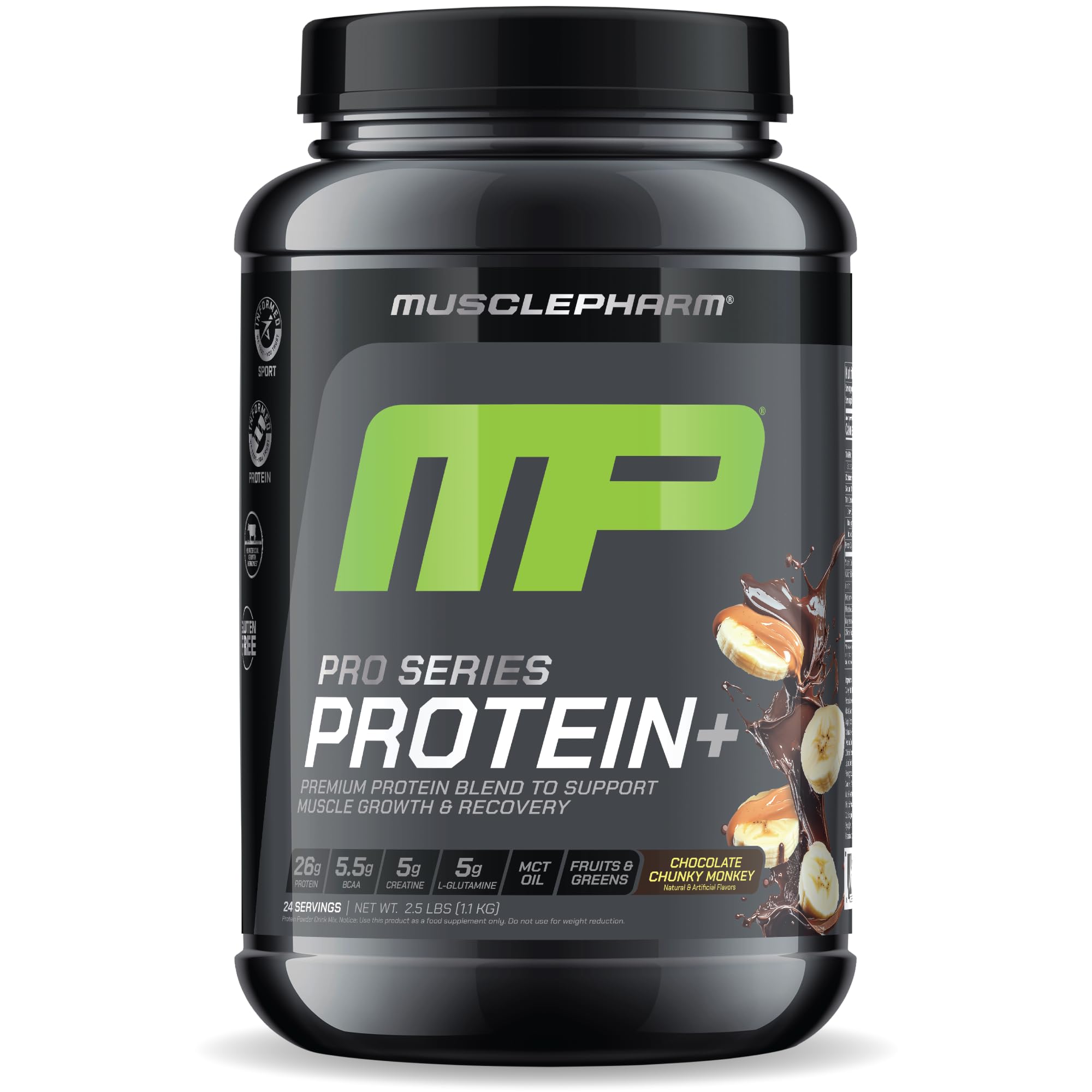 Bottle of MusclePharm Pro Series PROTEIN+ Chocolate Chunky Monkey flavor, 2.5 lb