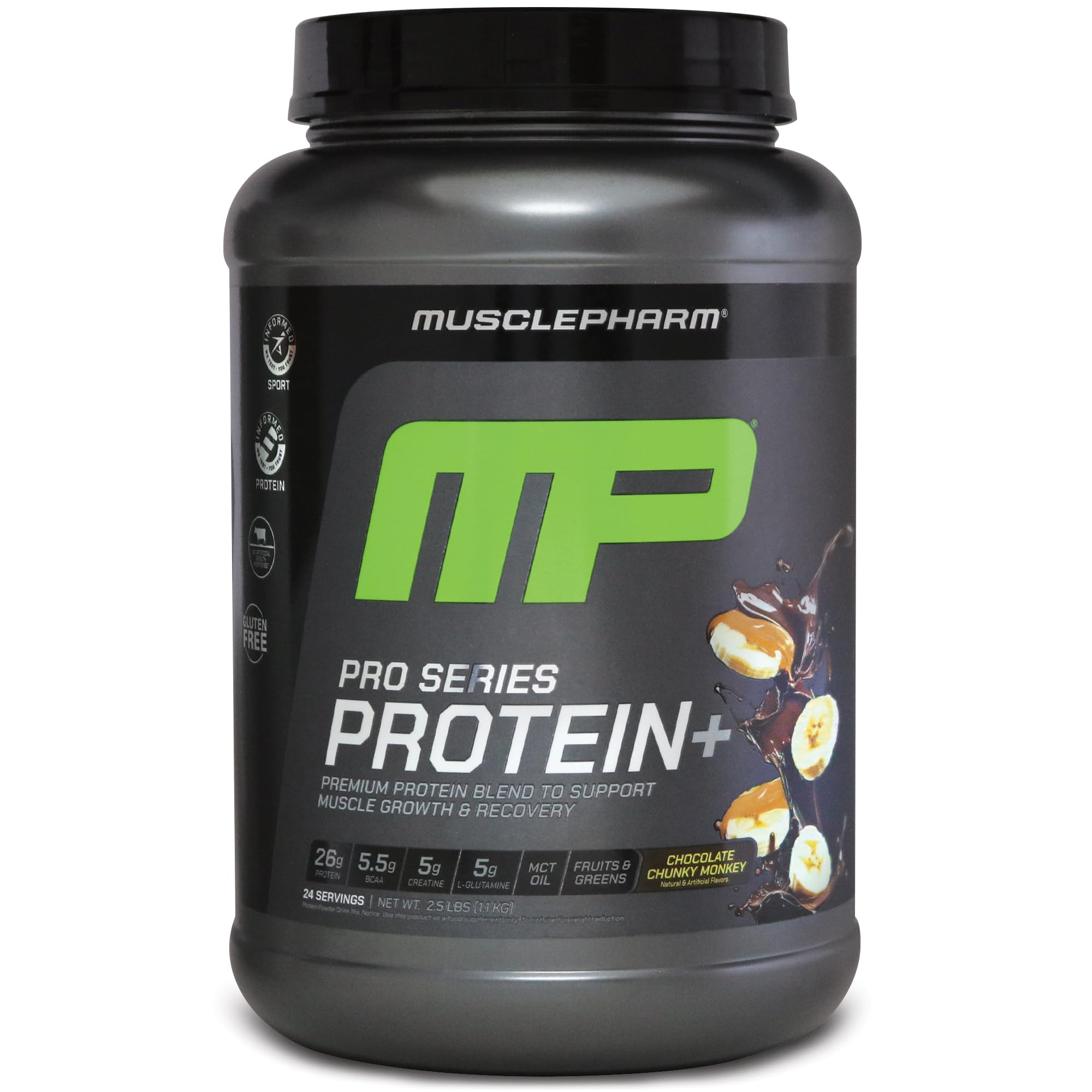 Close-up of protein powder scoop with 26g protein per serving label