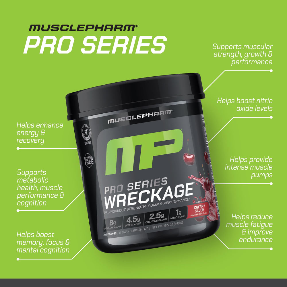 MusclePharm WRECKAGE bottle setup shows clean labeling and Informed Sport certification