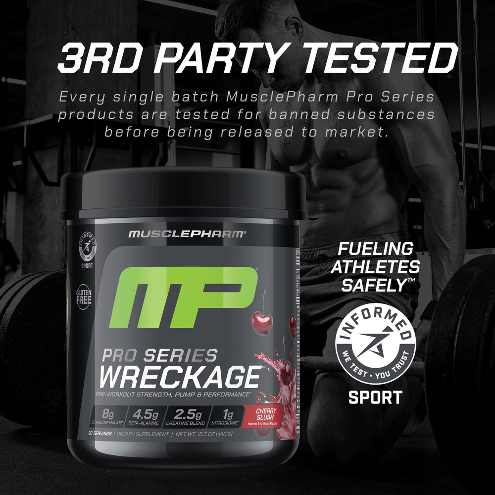 MusclePharm WRECKAGE energizes workout session with pump and focus visualized in gym