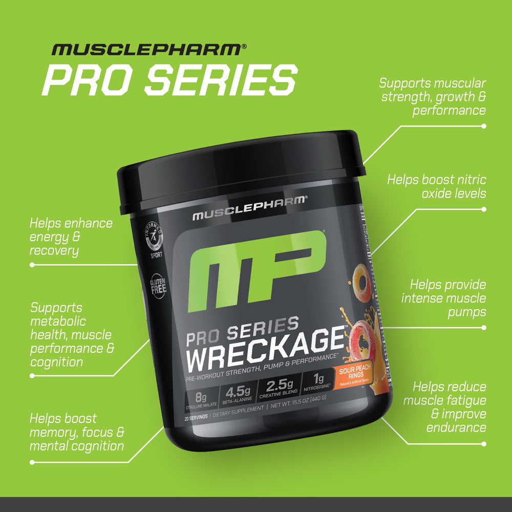 MusclePharm WRECKAGE label highlights Informed Sport status and sugar-free formula.