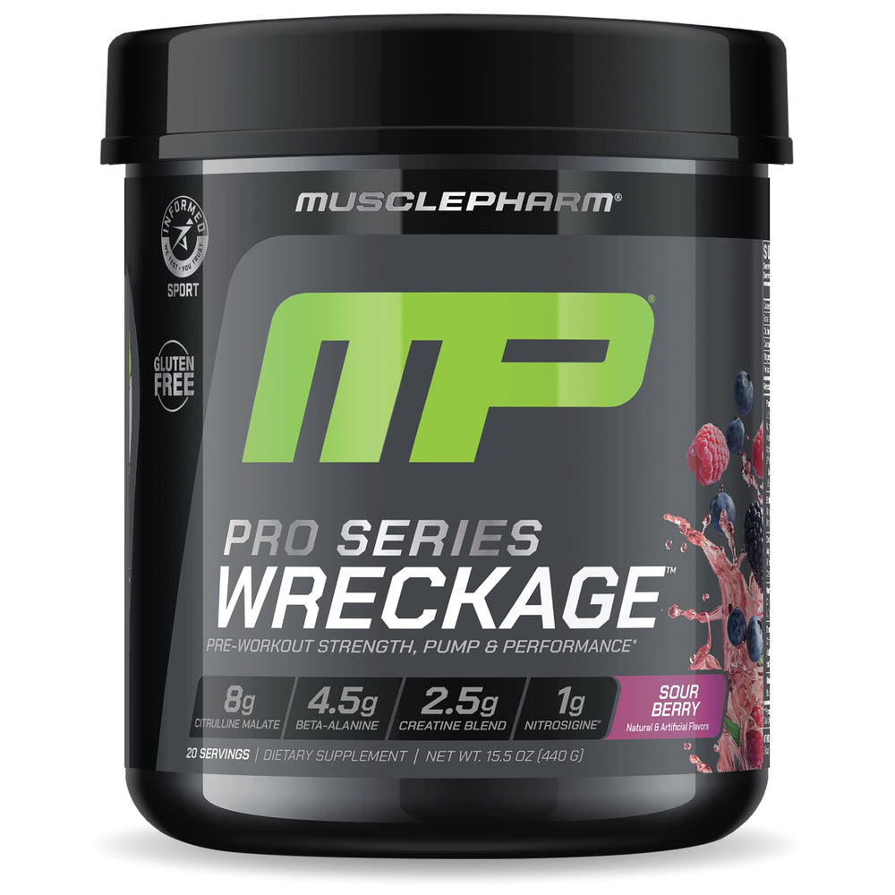 MusclePharm Pro Series Wreckage pre-workout Sour Berry bottle front view - 15.5 oz