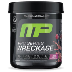 MusclePharm Pro Series Wreckage pre-workout Sour Berry bottle front view - 15.5 oz