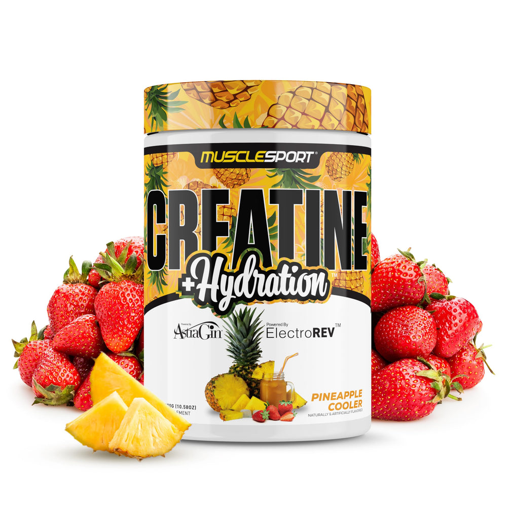 Musclesport Creatine Hydration Pineapple Cooler tub and scoop