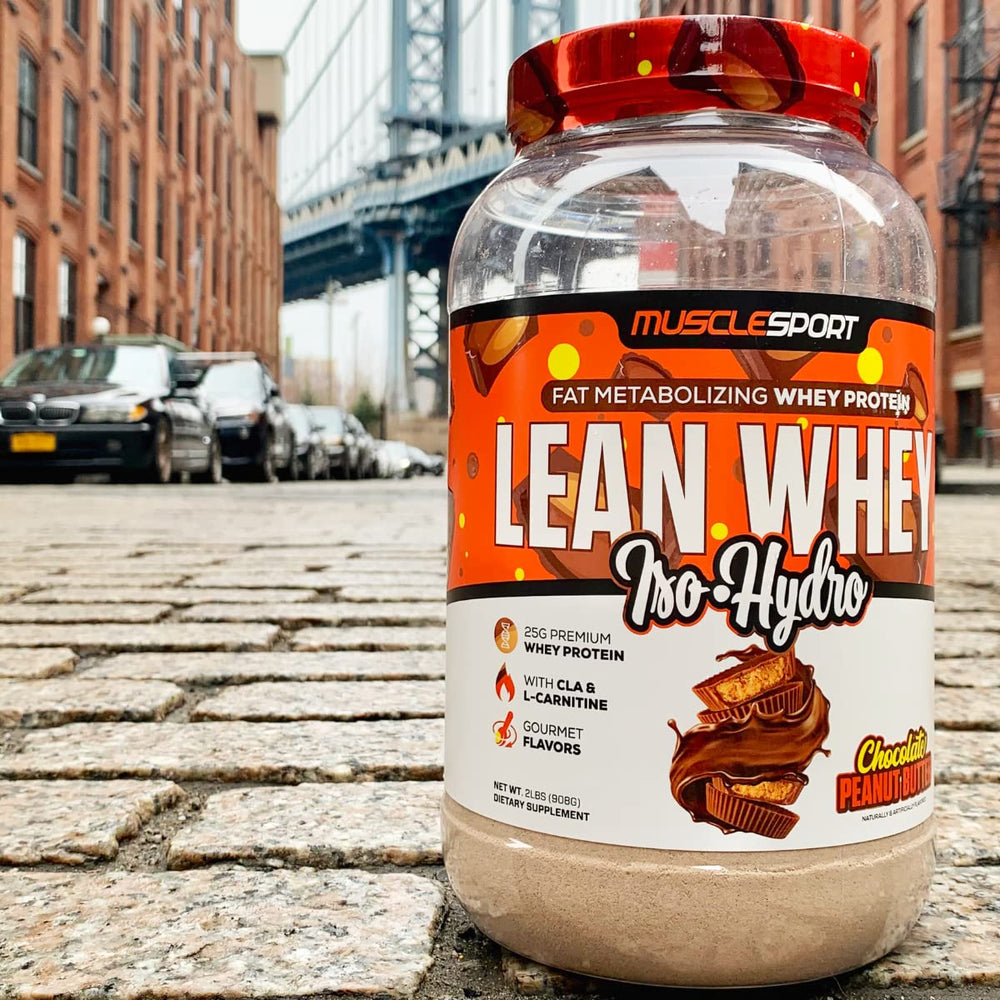 Musclesport Lean Whey Revolution flavor collection display conveys diverse options and enjoyable textures.