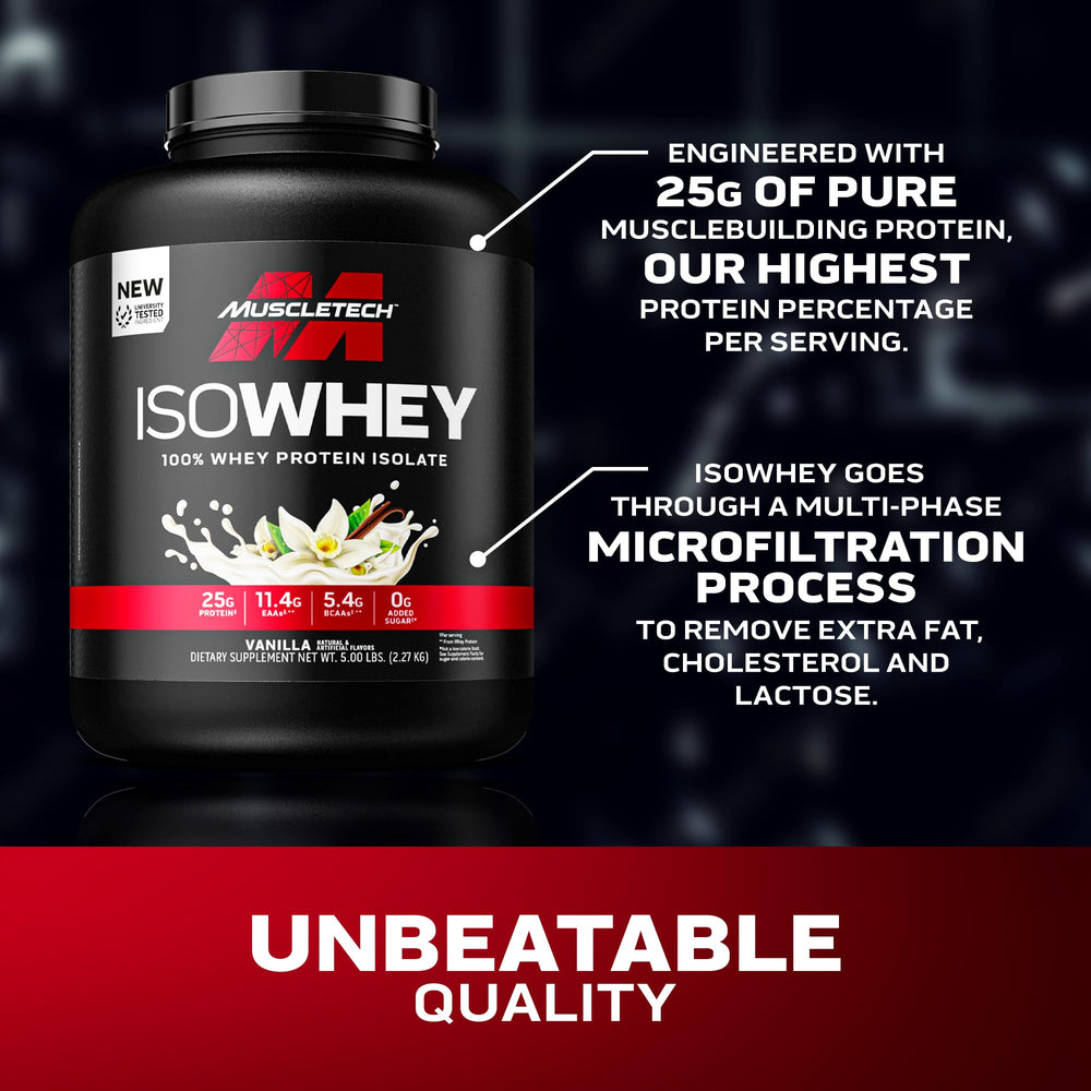 MuscleTech IsoWhey Vanilla label-detail emphasizing 25g protein per serving
