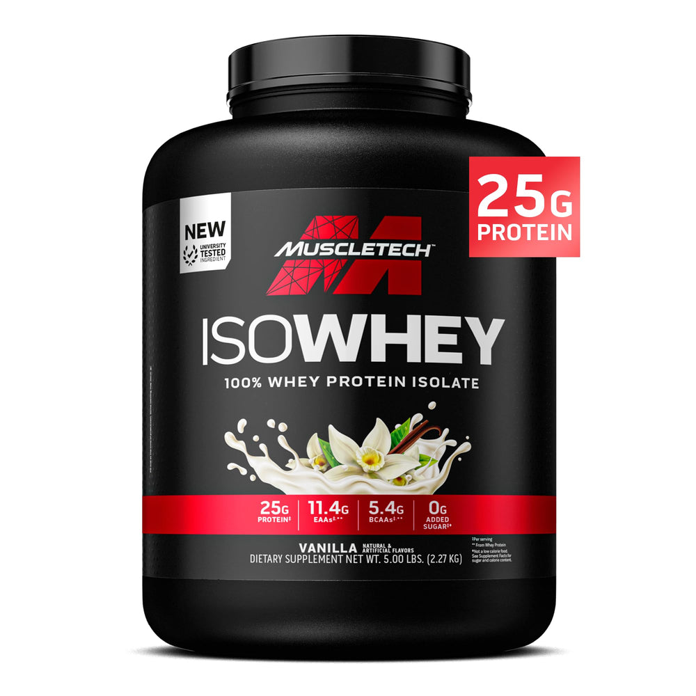 MuscleTech IsoWhey Vanilla powder scene for post-workout recovery and lean muscle support