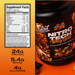MuscleTech Nitro-Tech whey gold scoop showing 24g protein per serving for lean muscle