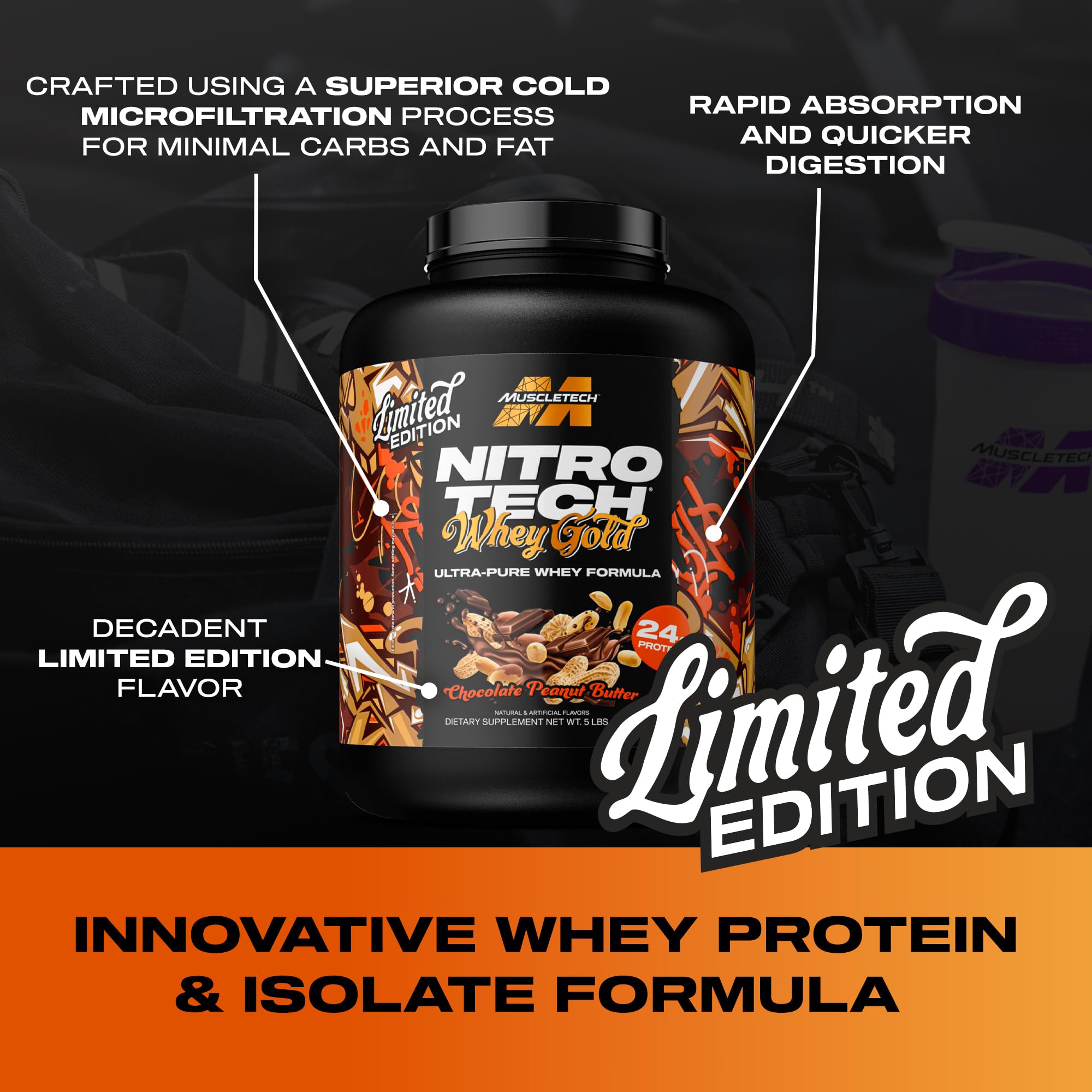 MuscleTech Nitro-Tech whey gold shake demonstrates convenient post workout smoothie