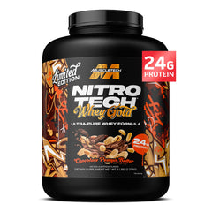 MuscleTech Nitro-Tech Whey Gold tub front view in Chocolate Peanut Butter conveying fast recovery