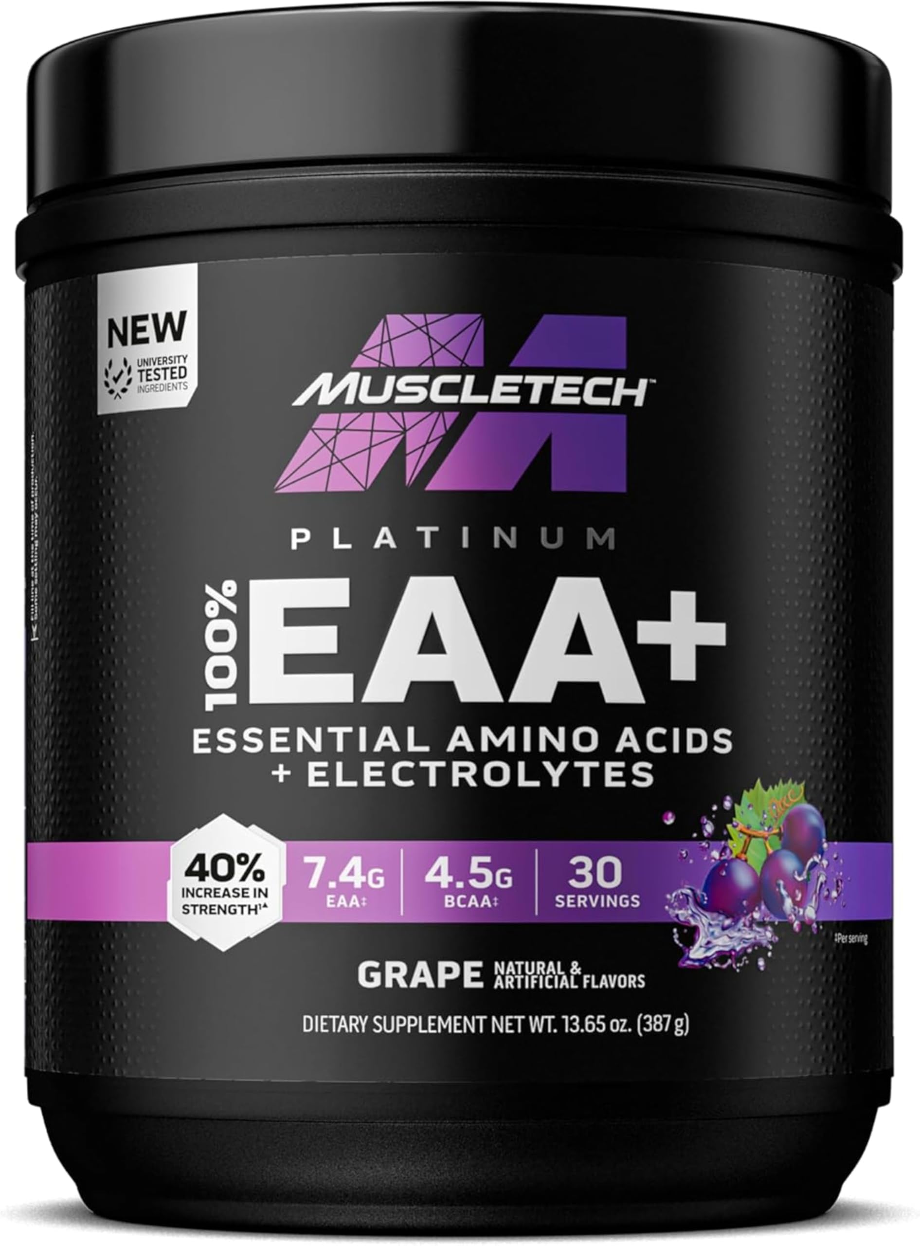 MuscleTech Platinum 100% EAA+ bottle with Electrolytes in Grape flavor