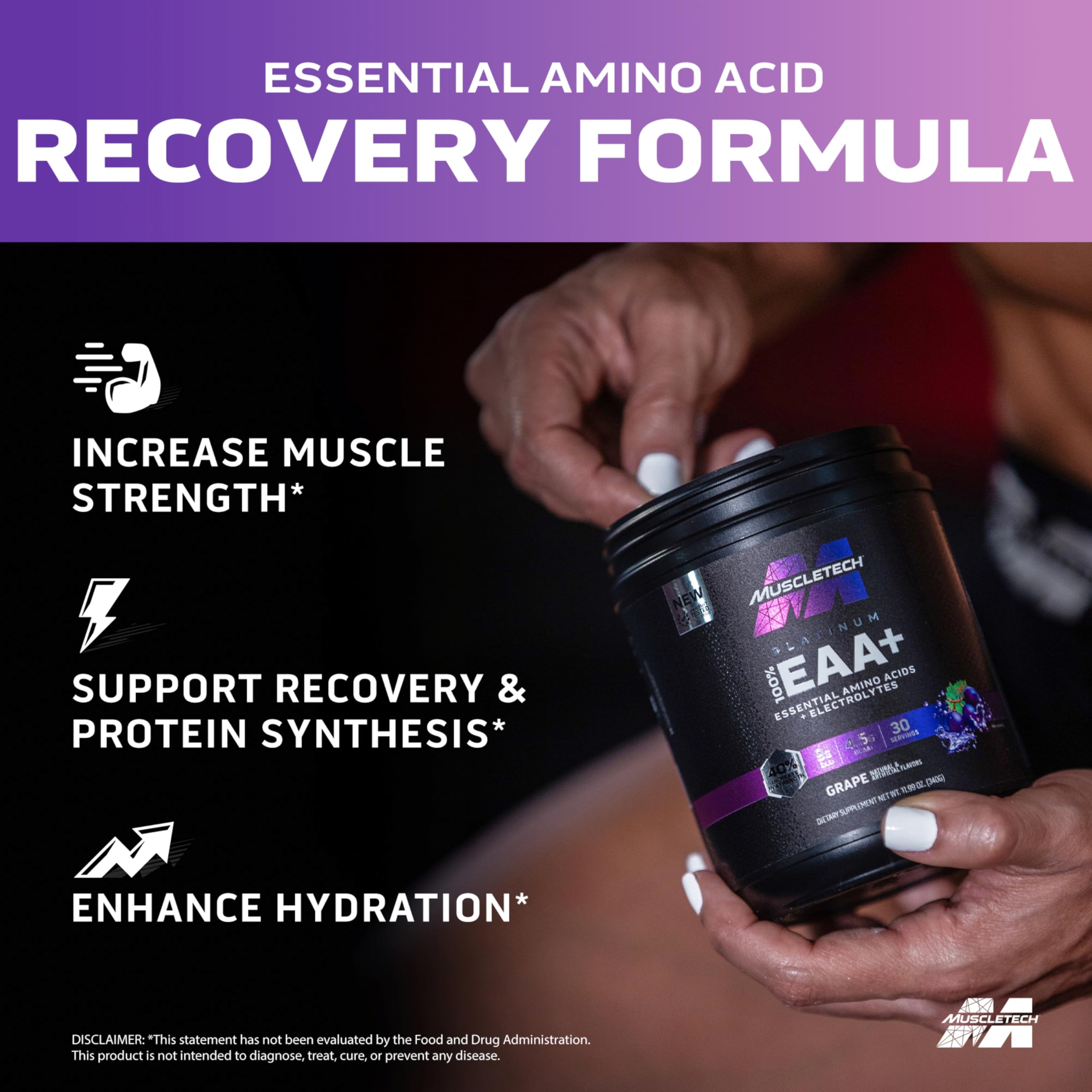 Close-up of MuscleTech Platinum EAA+ Grape label