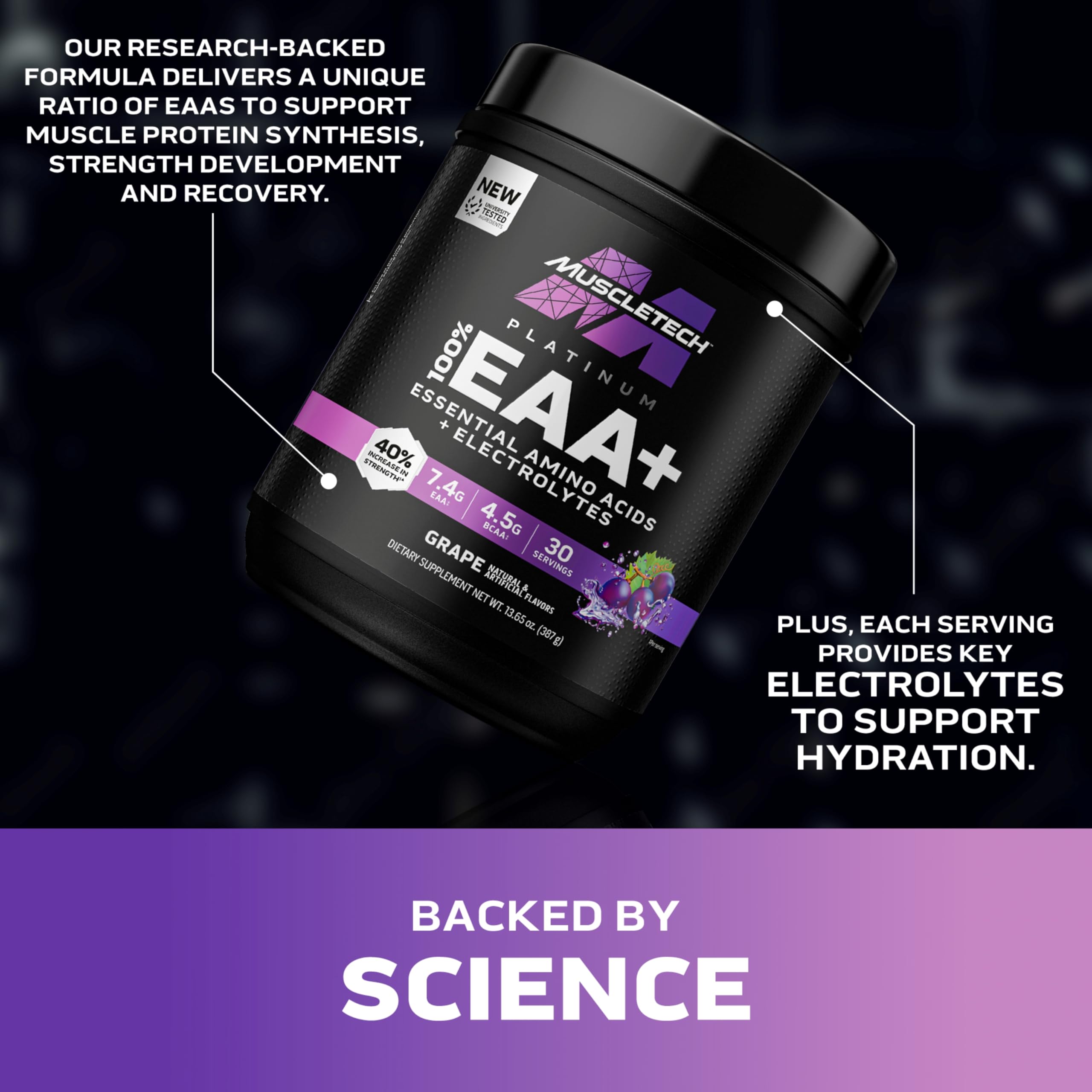 Nutrition facts panel for MuscleTech Platinum 100% EAA+ Grape