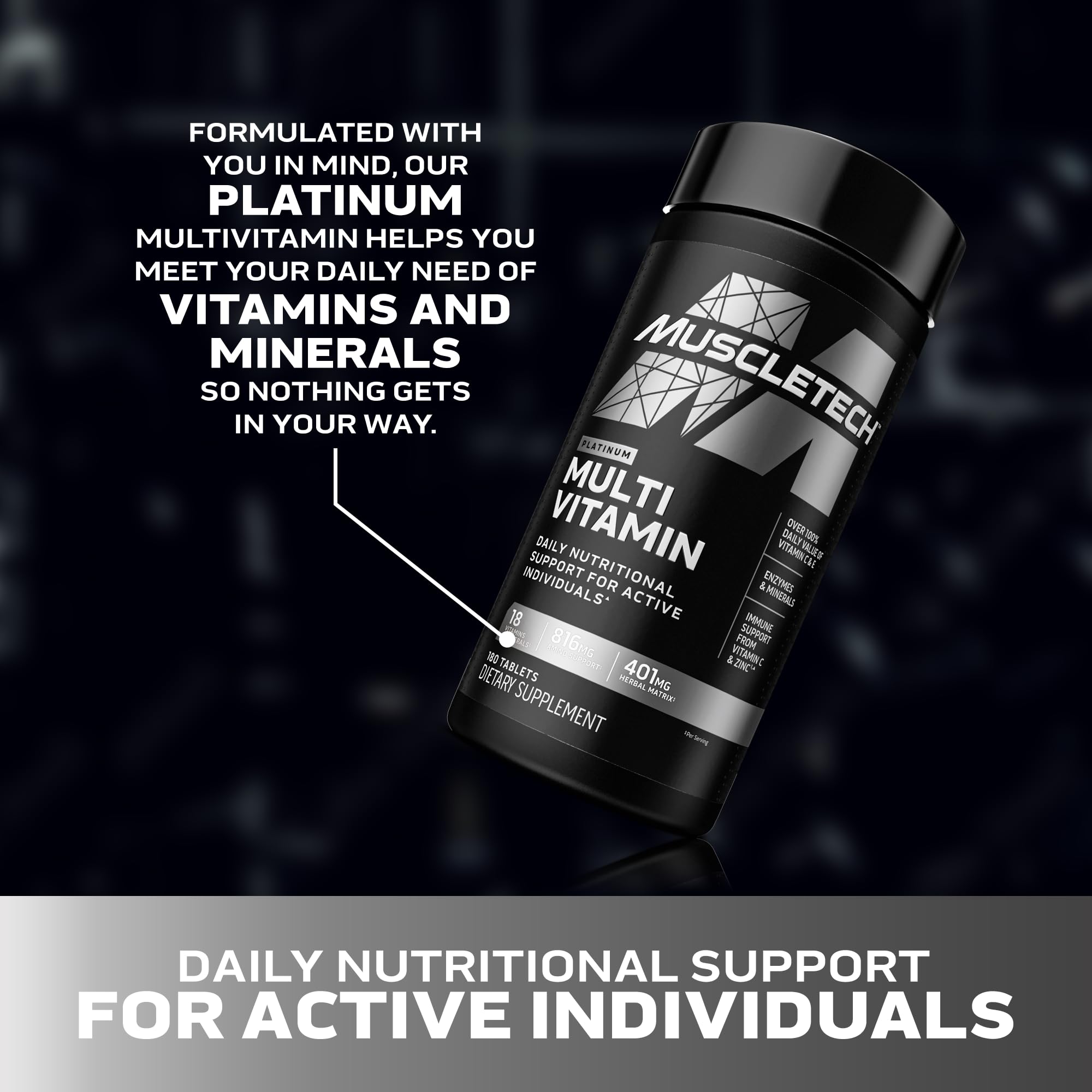 Label highlights 18 vitamins and minerals in MuscleTech Platinum Multivitamin