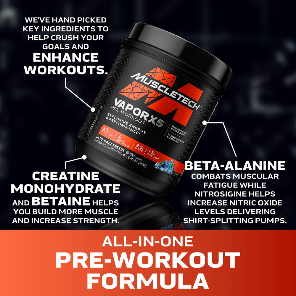 Graphic showing VaporX5 key ingredients: Creatine Monohydrate, Nitrosigine, Beta-Alanine, Betaine