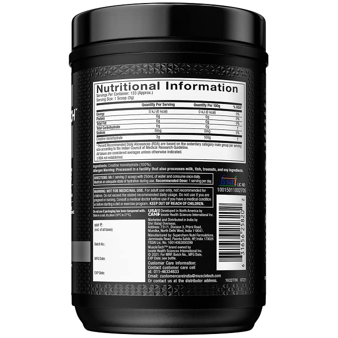 Close-up of MuscleTech creatine monohydrate label