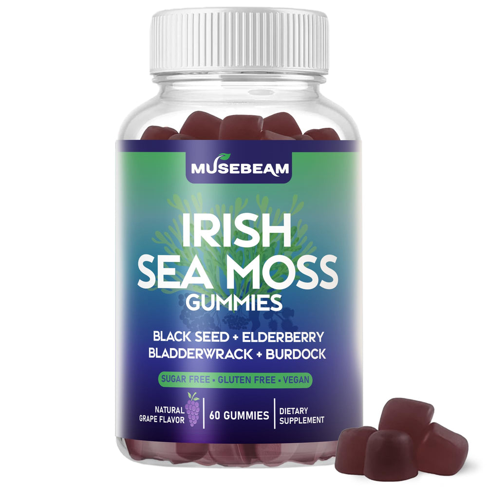 Front bottle of Musebeam Irish Sea Moss Gummies on white background