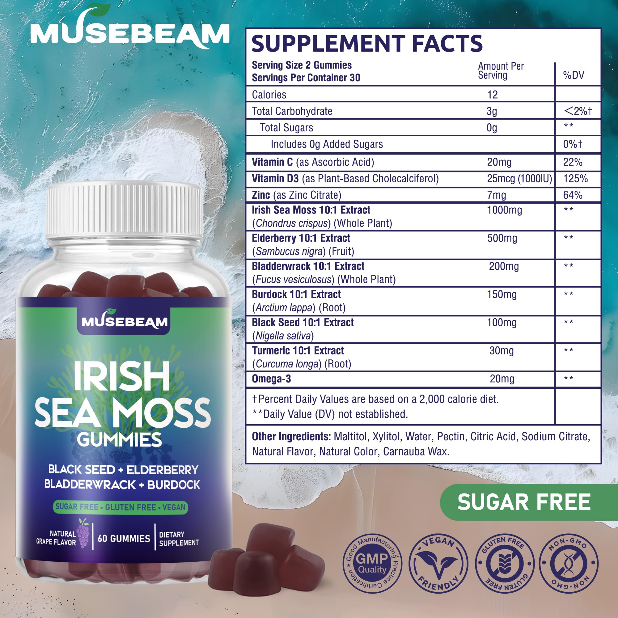 Close-up of Musebeam sea moss gummies ingredients including sea moss and elderberry