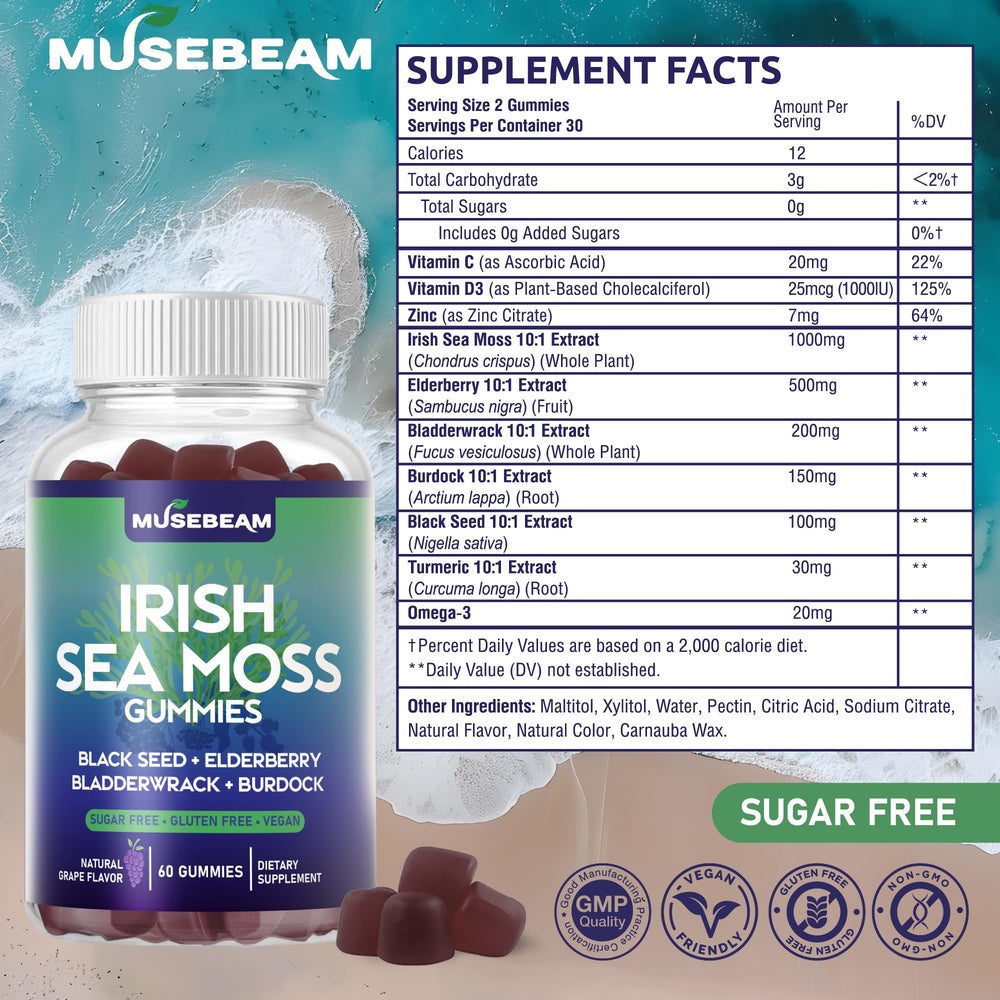 Close-up of Musebeam sea moss gummies ingredients including sea moss and elderberry