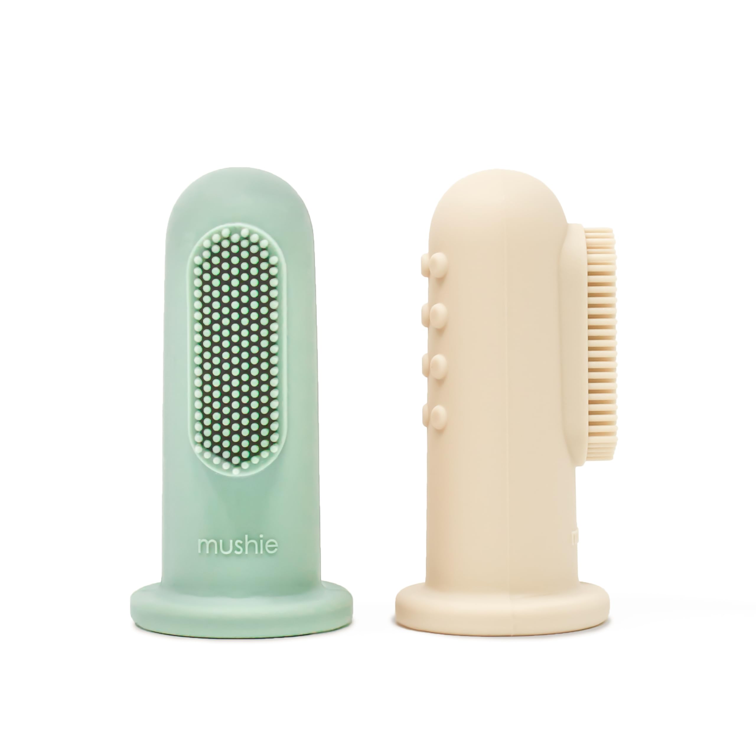 Front view of mushie Baby Finger Toothbrush 2-pack in Cambridge Blue and Shifting Sand