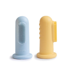 Mushie baby finger toothbrush in powder blue and daffodil colors