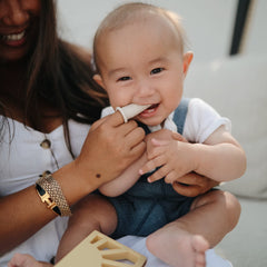 Powder blue and daffodil Mushie toothbrush 2-pack packaging