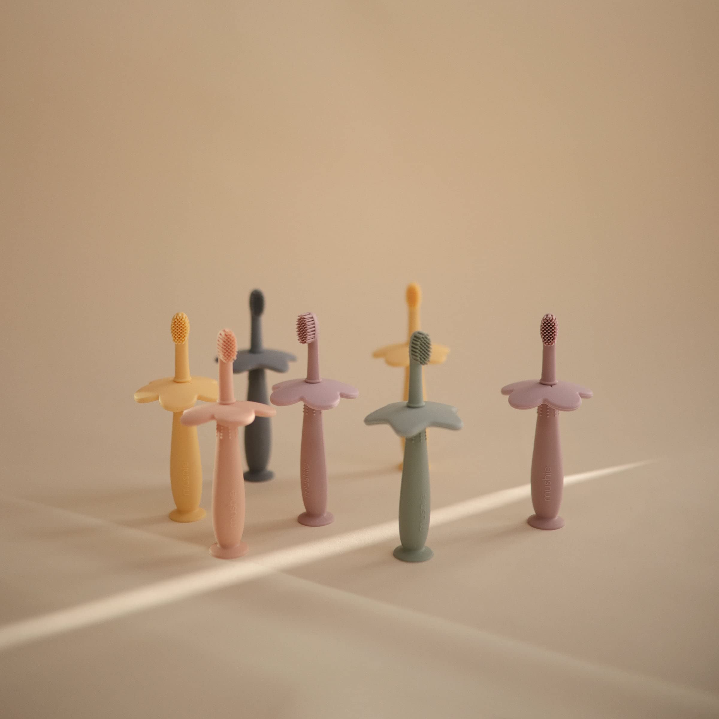 Close-up of 100% food-grade silicone material used in Mushie Flower toothbrush